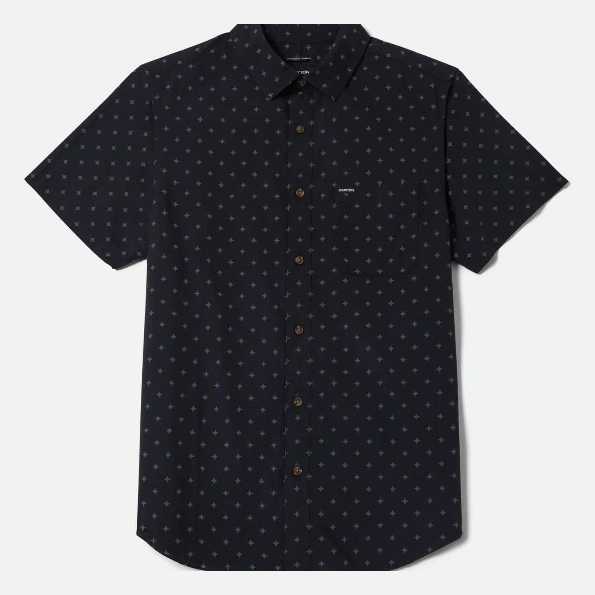 Charter Print SS Woven S/S Woven front view, Black short-sleeve shirt with repeating gray diamond tile pattern throughout,