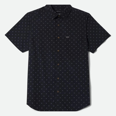 Charter Print SS Woven S/S Woven front view, Black short-sleeve shirt with repeating gray diamond tile pattern throughout,