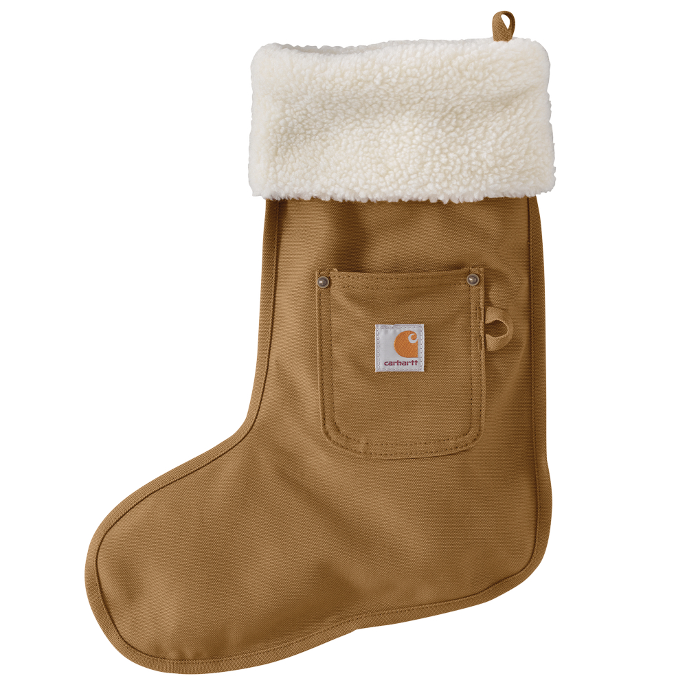 Christmas Stocking Accessory front view, Tan canvas with cream sherpa fleece cuff and small woven label patch, Accessory -