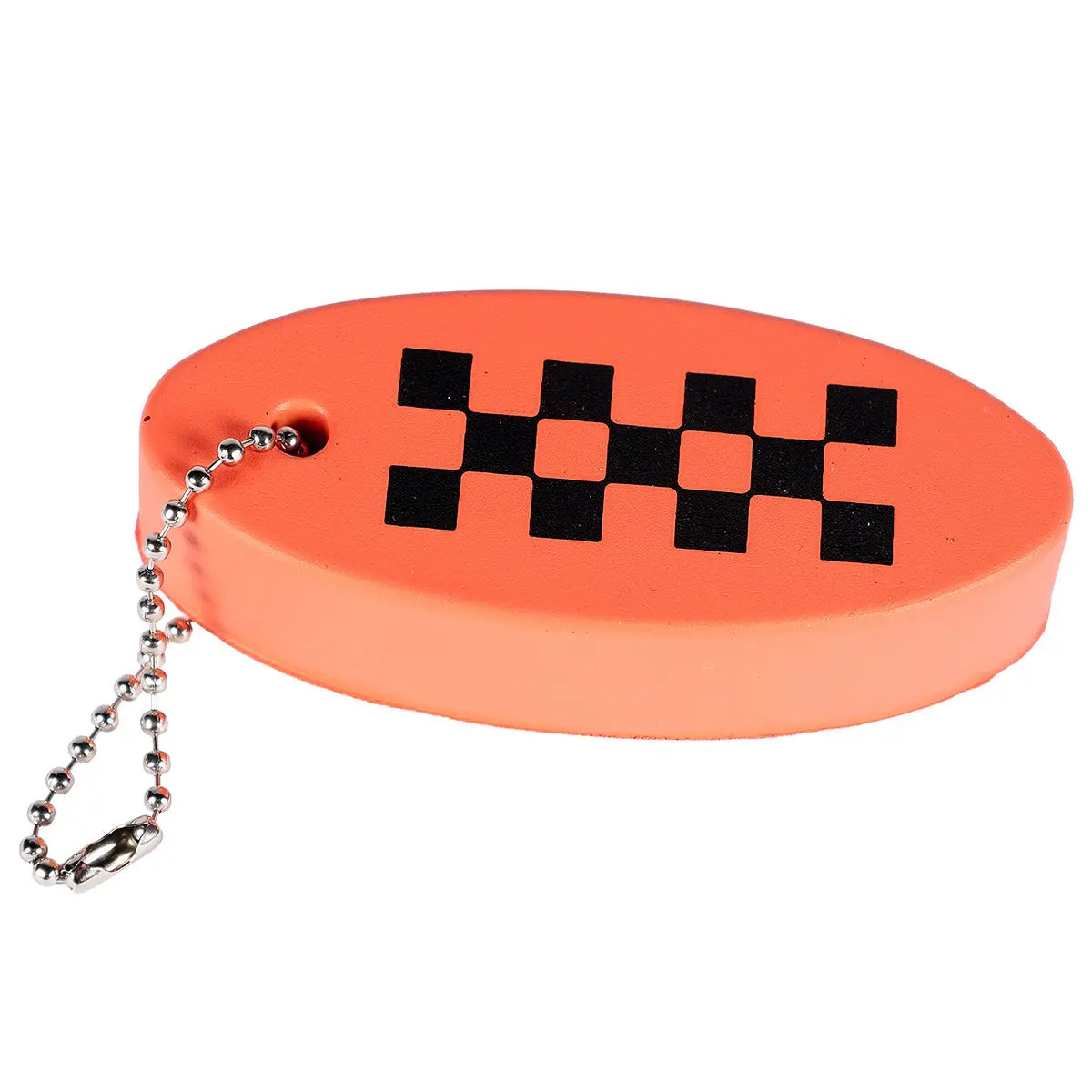 Back of Cold Ones Foam Keychain Accessory Accessory, Bright orange with black and white checkered flag pattern, metal ball