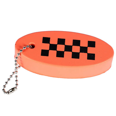 Back of Cold Ones Foam Keychain Accessory Accessory, Bright orange with black and white checkered flag pattern, metal ball