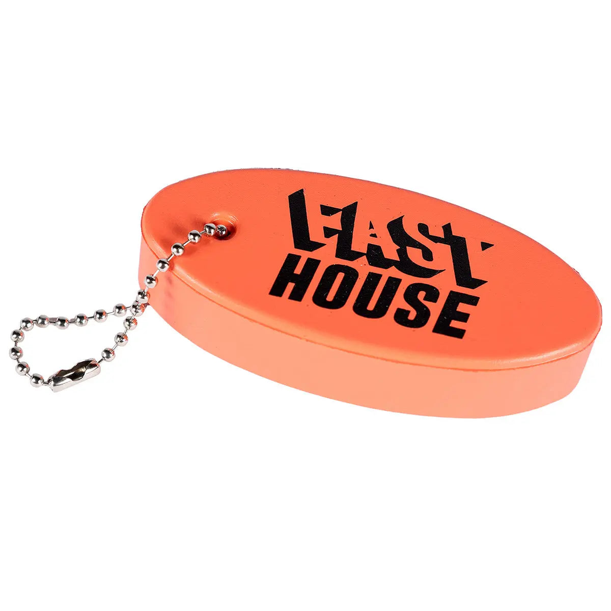 Cold Ones Foam Keychain Accessory front view, Bright orange foam oval with black "LAST HOUSE" text, metal ball chain