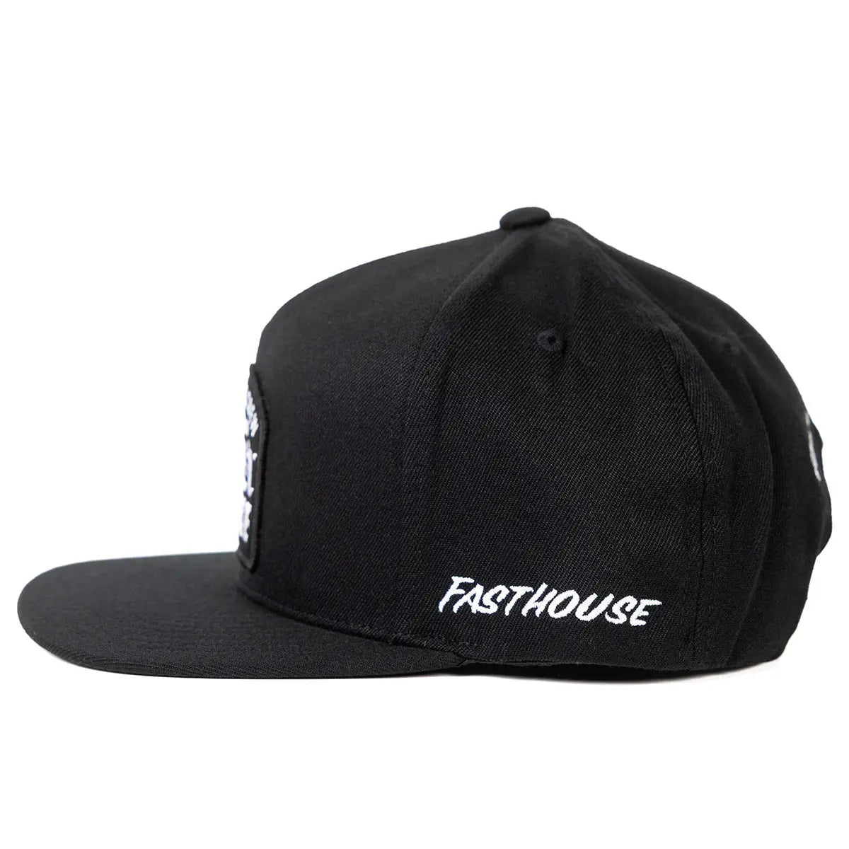 Back of Cold Ones Black Hat, White embroidered text reading "FASTHOUSE" on black cap back panel - Slowride Supply