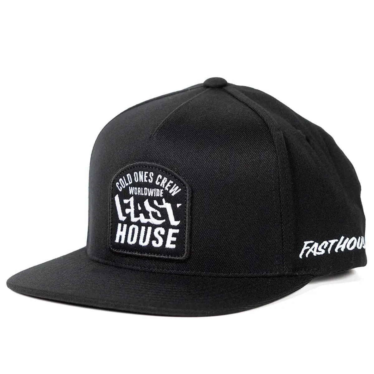 Cold Ones front view, Black snapback with white embroidered badge patch reading "Cold Ones Crew Worldwide Fast House" on