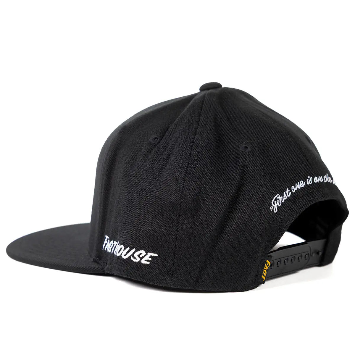 Close-up of Cold Ones Black Hat showing Black baseball cap with white cursive script on back and side panels, snapback