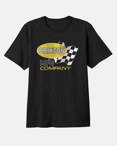 Collins SS front view, Black with yellow oval, checkered flag graphic, and "BRIXTON MFG COMPANY" text in yellow and white,