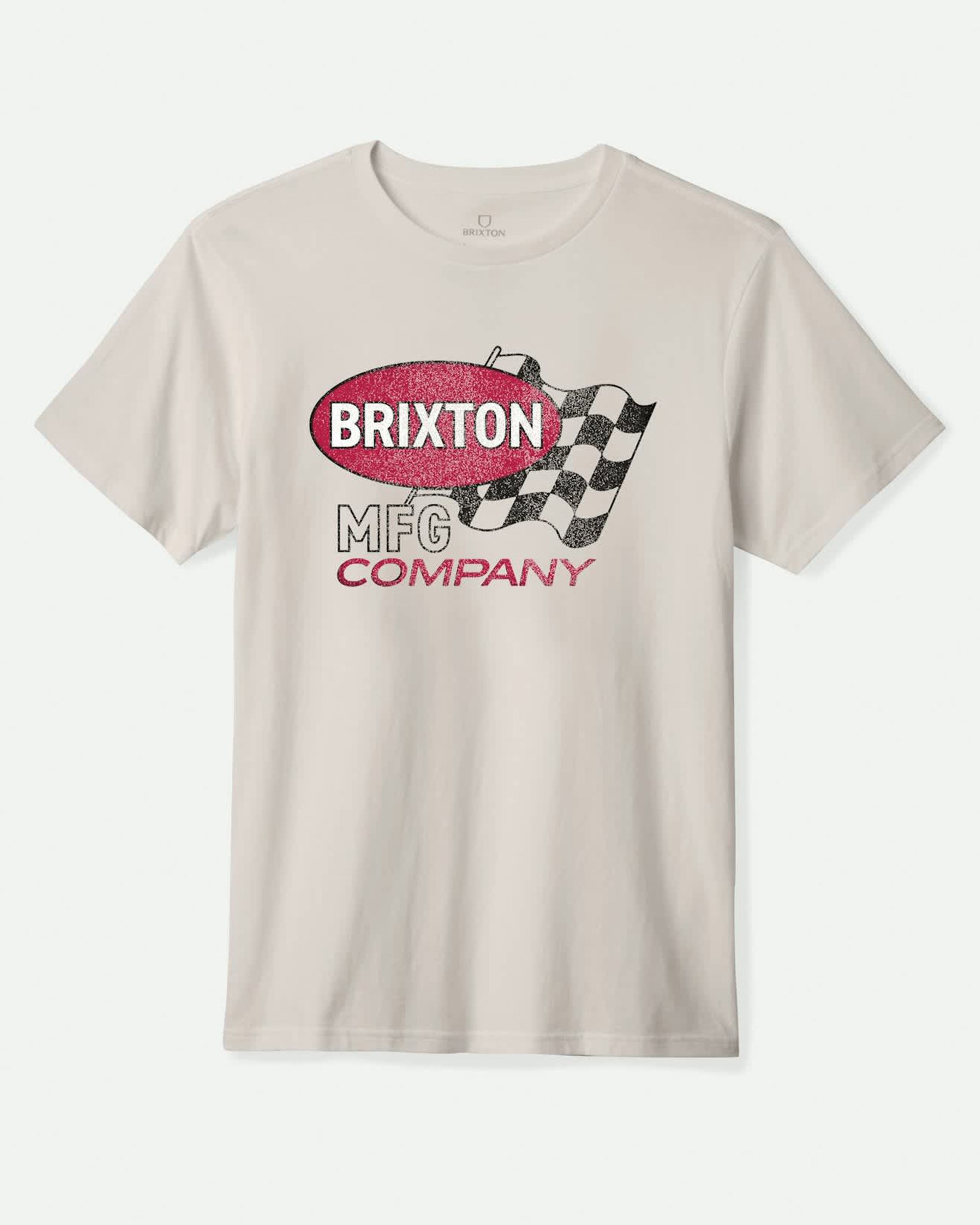 Close-up of Collins SS Black Tee showing Cream tee with racing flag graphic, pink oval banner with white text, checkered