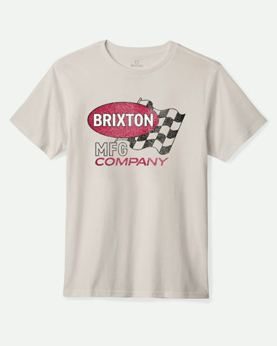 Close-up of Collins SS Black Tee showing Cream tee with racing flag graphic, pink oval banner with white text, checkered