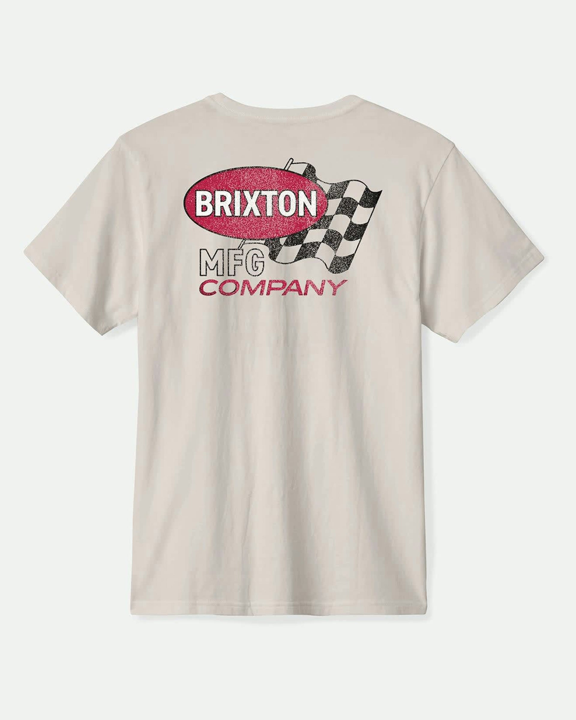 Close-up of Collins SS Black Tee showing Cream tee with distressed red oval banner, checkered flag graphic, and text reading