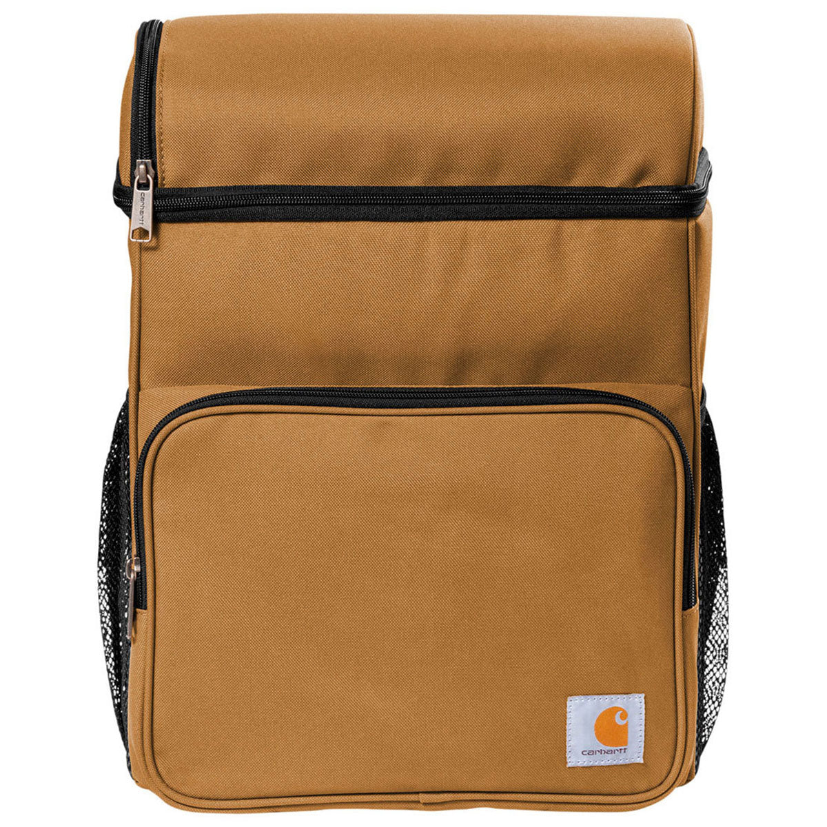 Cooler Backpack Accessory front view, Tan canvas with black zippers and trim, mesh side pockets, woven fabric construction