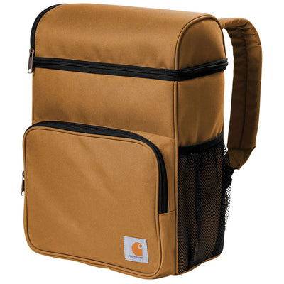 Close-up of Cooler Backpack Accessory Grey Accessory showing Tan canvas with black zip compartments and mesh side pocket,