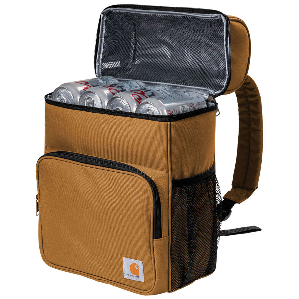 Close-up of Cooler Backpack Accessory Grey Accessory showing Tan canvas exterior with black trim and mesh side pockets,