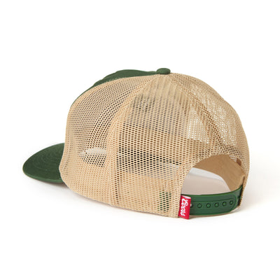 Close-up of Coors Banquet Helo Trucker Green Hat showing Mesh back panel with tan weave and green snapback closure with red