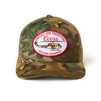 Coors Banquet Helo Trucker front view, Green and brown camouflage with red oval patch featuring helicopter and text, Green