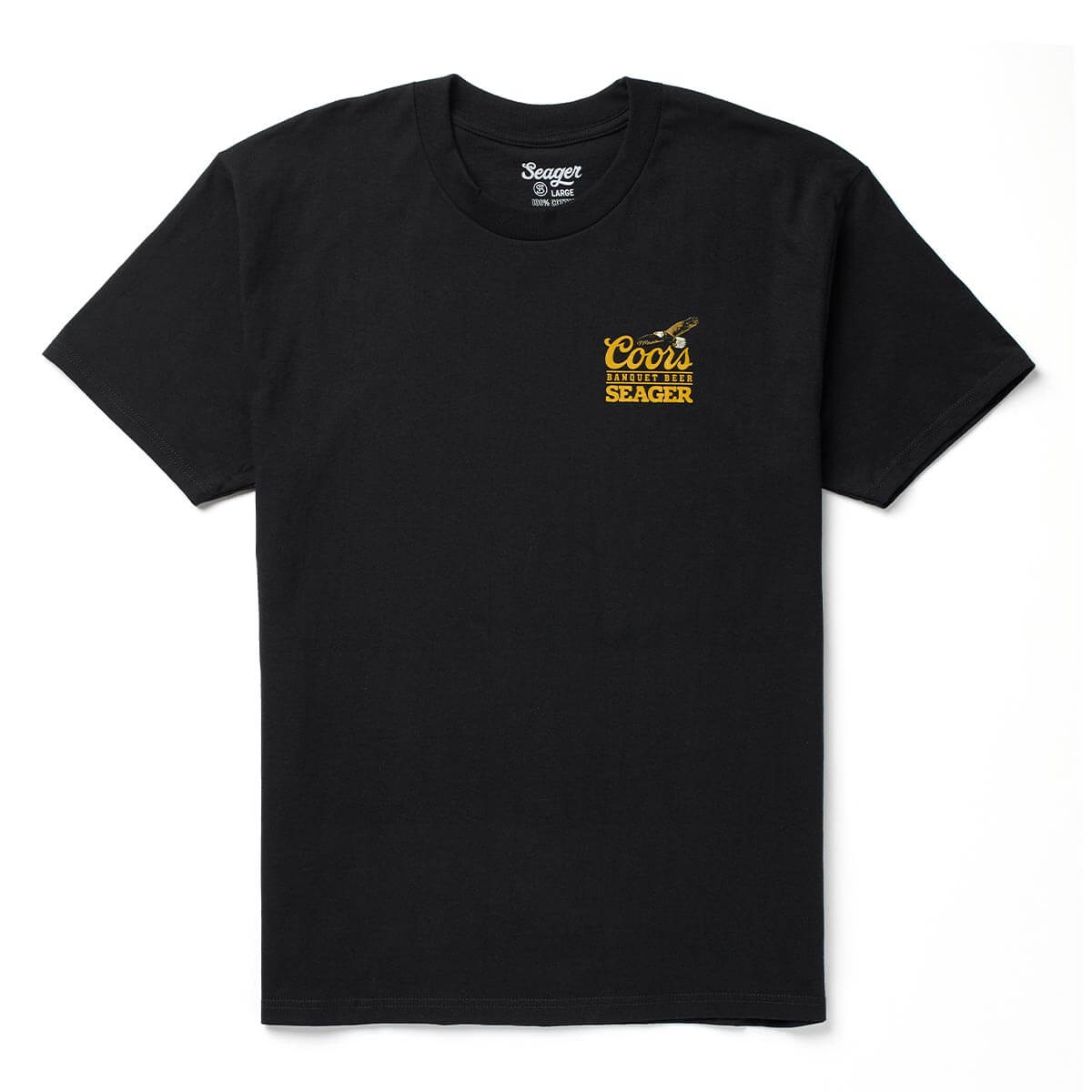 Close-up of Coors Banquet Preserve Black Tee showing Black tee with small gold Coors Banquet script logo and Seager text on