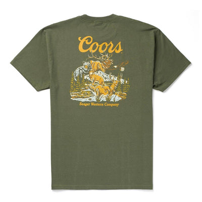 Back of Coors Banquet Preserve Black Tee, Olive green with gold script text and wilderness graphic featuring deer and forest