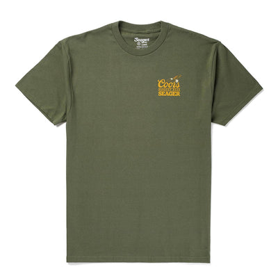 Close-up of Coors Banquet Preserve Black Tee showing Olive green with gold Coors Banquet logo and text on chest - Slowride