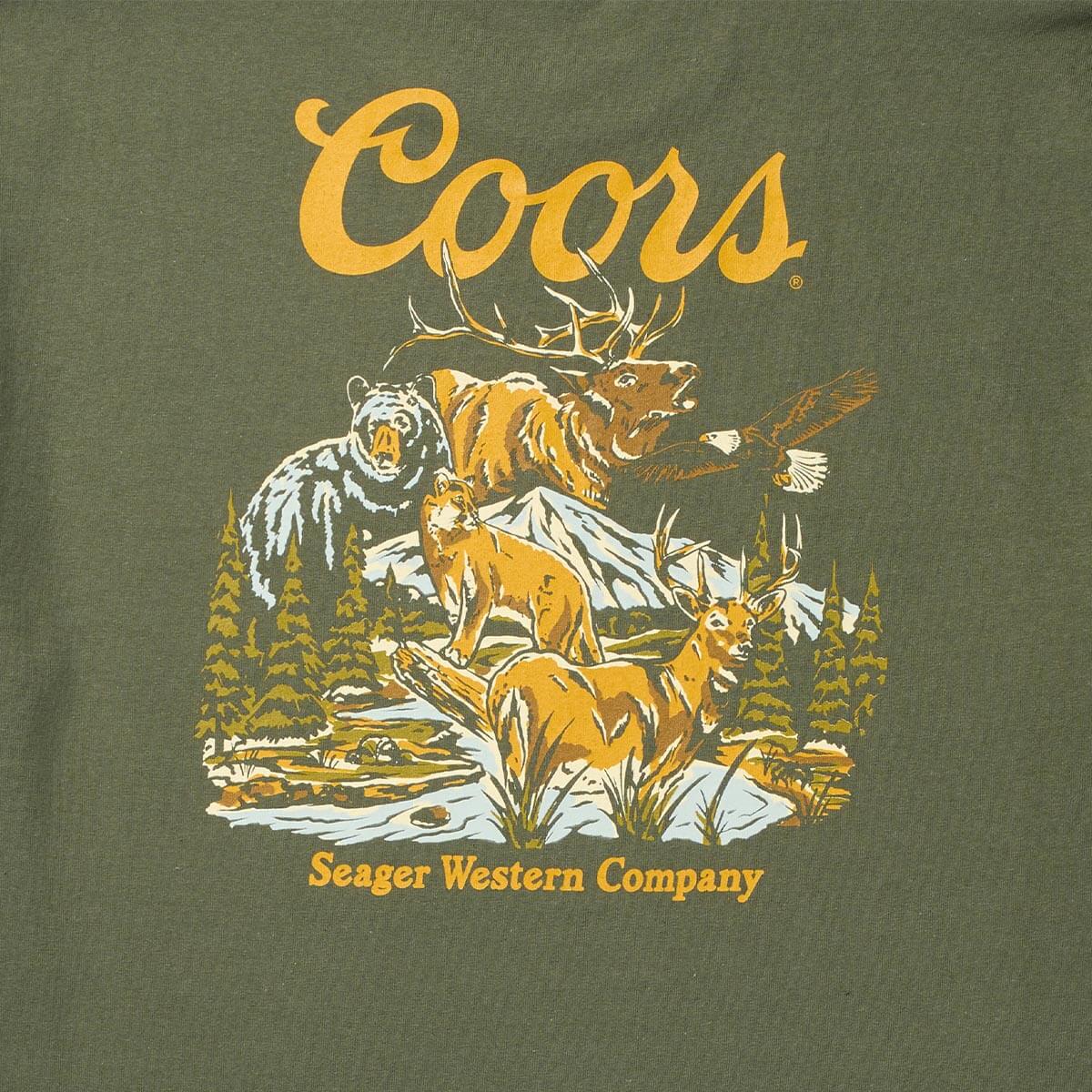 Close-up of Coors Banquet Preserve Black Tee showing Print texture showing vintage halftone dot pattern on wildlife graphic