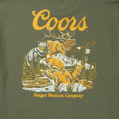 Close-up of Coors Banquet Preserve Black Tee showing Print texture showing vintage halftone dot pattern on wildlife graphic