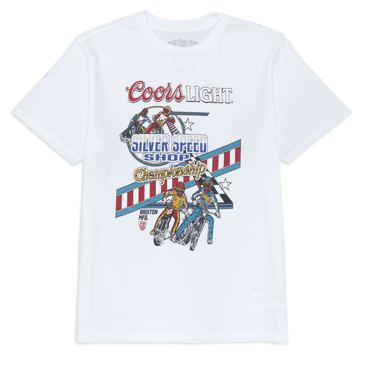 Coors Light Berm front view, White with red and silver Coors Light logo, motorcycle and bicycle racers, red and blue striped
