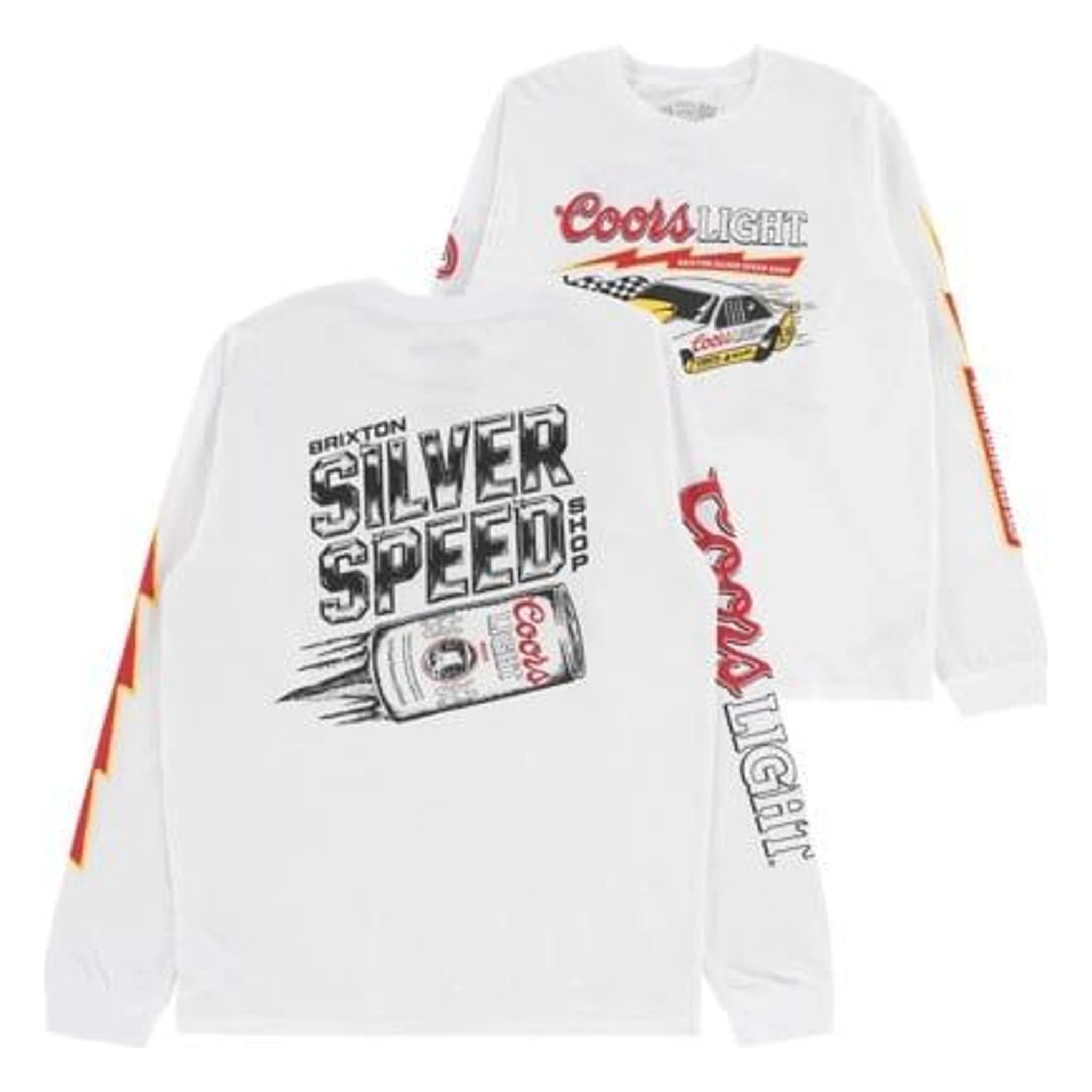 Back of Coors Light Blower White L/S Tee, Brixton Silver Speed graphic with beer can and racing stripes, Coors Light text