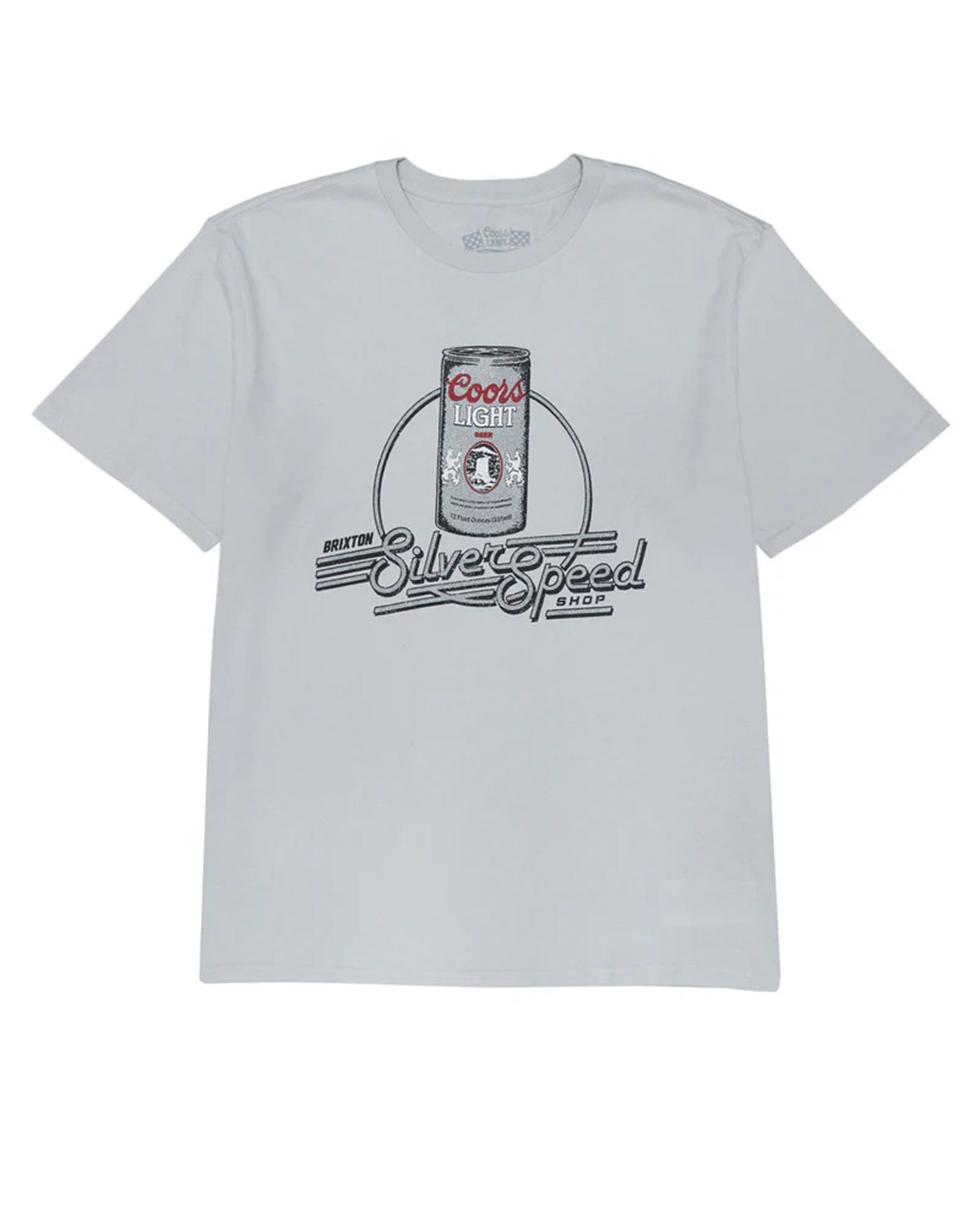 Coors Light Caster front view, Light gray with beer can graphic and script speedway shop text in black and red, Black Tee -