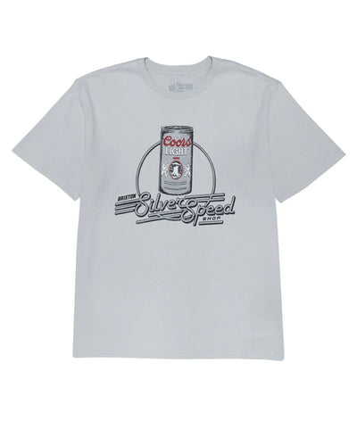 Coors Light Caster front view, Light gray with beer can graphic and script speedway shop text in black and red, Black Tee -