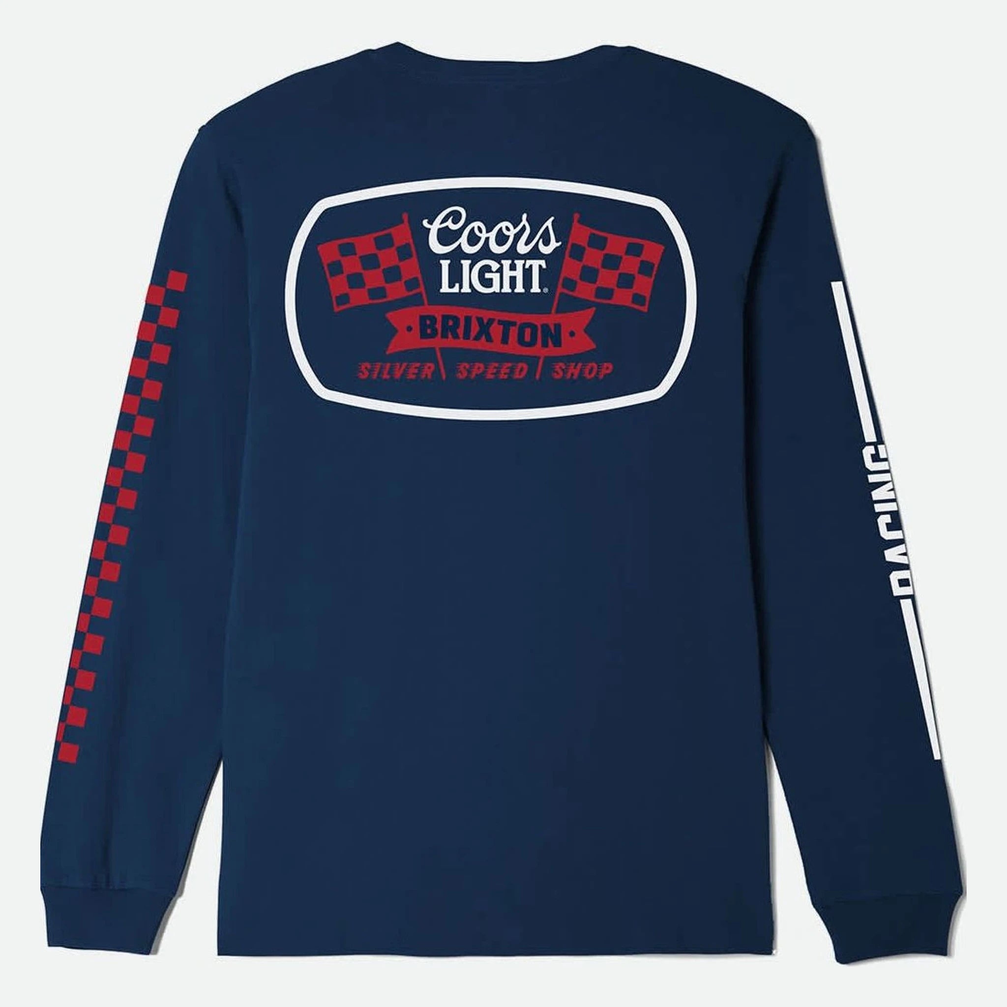 Coors Light Pit Stop L/s Tee Coors front view, Navy with white-bordered graphic featuring checkered flags and red text, red