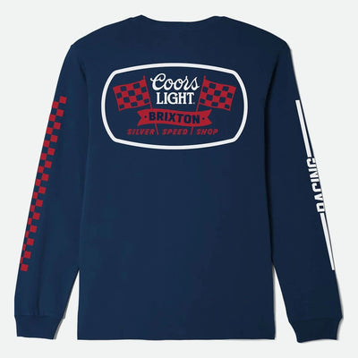 Coors Light Pit Stop L/s Tee Coors front view, Navy with white-bordered graphic featuring checkered flags and red text, red