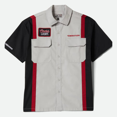 Coors Light Shake Down S/S Woven front view, Cream and black with red side stripes, Coors Light patch and Brixton embroidery