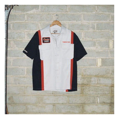 Close-up of Coors Light Shake Down S/S Woven Silver/black S/S Woven showing White center panel with black sleeves and red