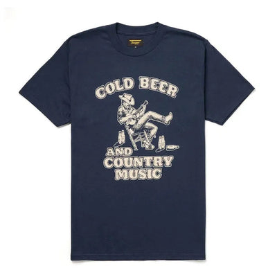 Country Music front view, Navy with cream graphic of kicking figure and "Cold Beer and Country Music" text, Navy Tee -