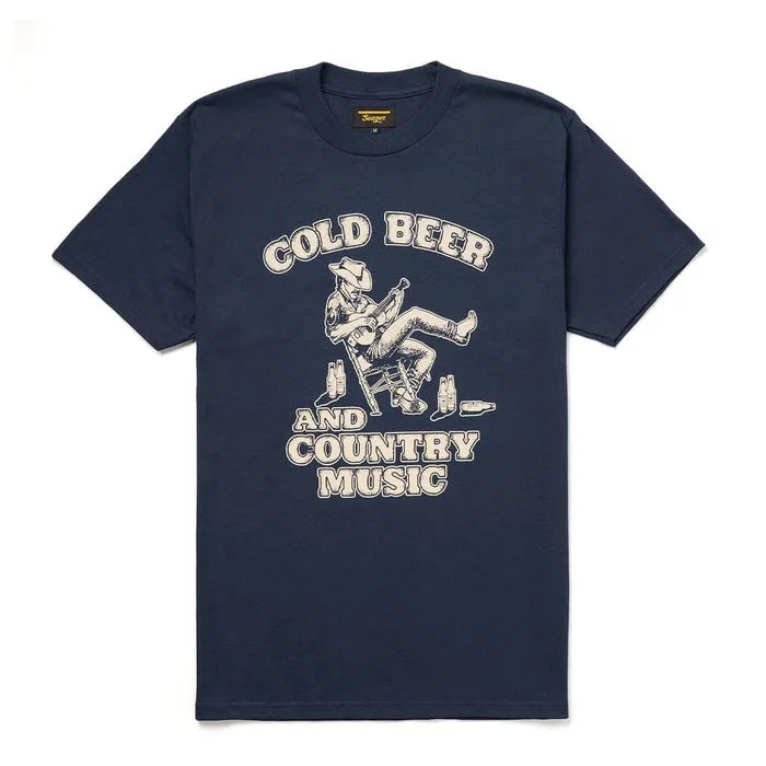 Country Music front view, Navy with cream graphic of kicking figure and "Cold Beer and Country Music" text, Navy Tee -