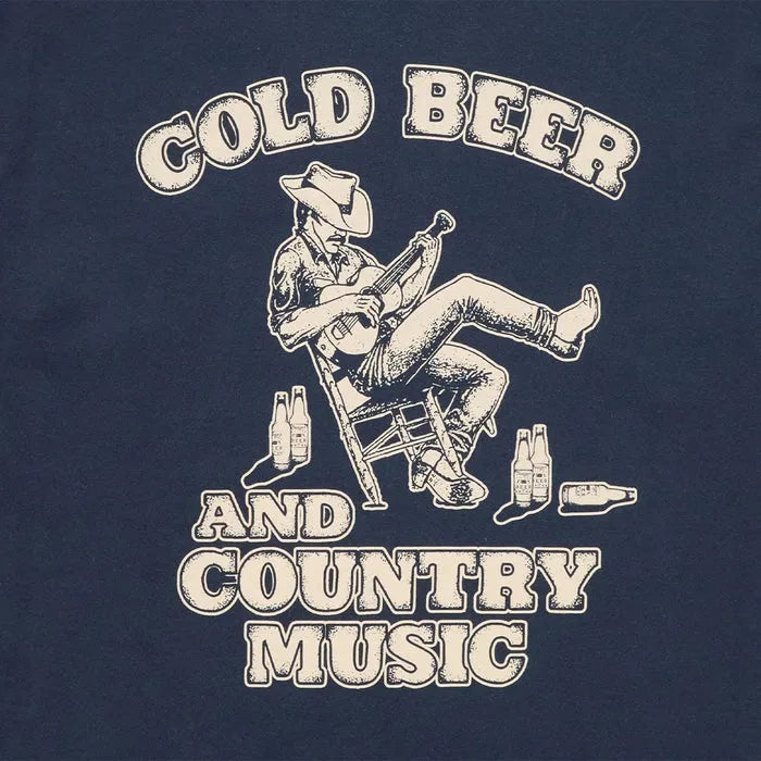 Close-up of Country Music Navy Tee showing Navy with cream cowboy figure playing guitar surrounded by beer bottles and "Cold
