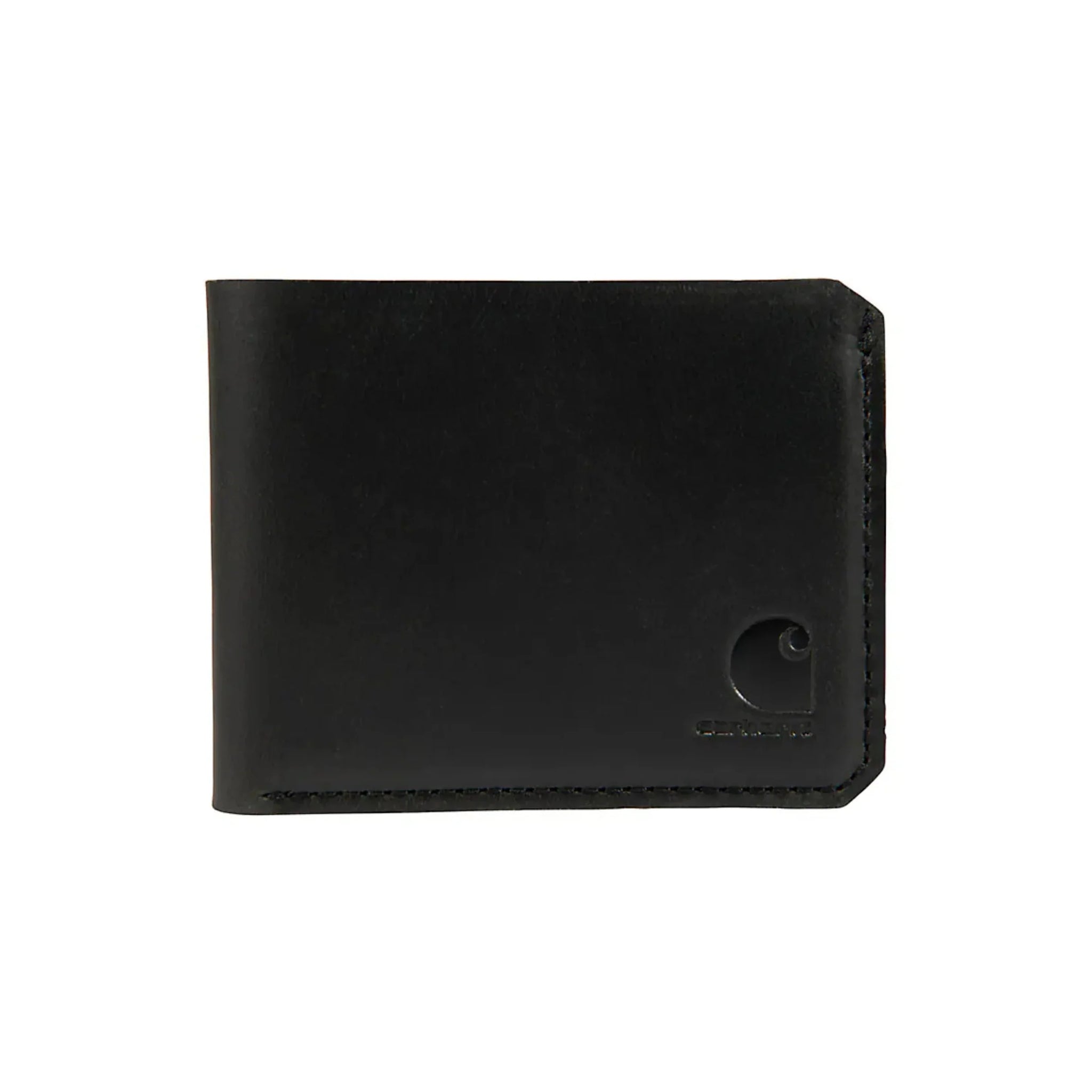 Craftsman Leather Bifold Wallet Accessory front view, Black leather bifold wallet with embossed logo on front and visible