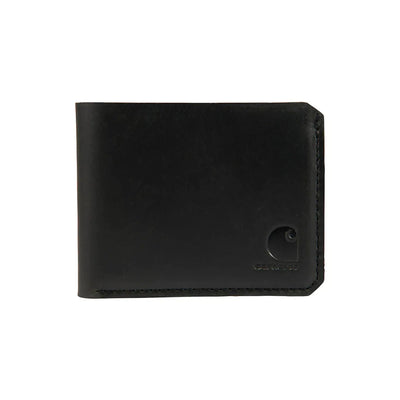 Craftsman Leather Bifold Wallet Accessory front view, Black leather bifold wallet with embossed logo on front and visible