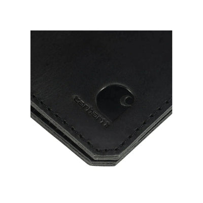Close-up of Craftsman Leather Bifold Wallet Accessory Black Accessory showing Black leather with embossed logo and curved