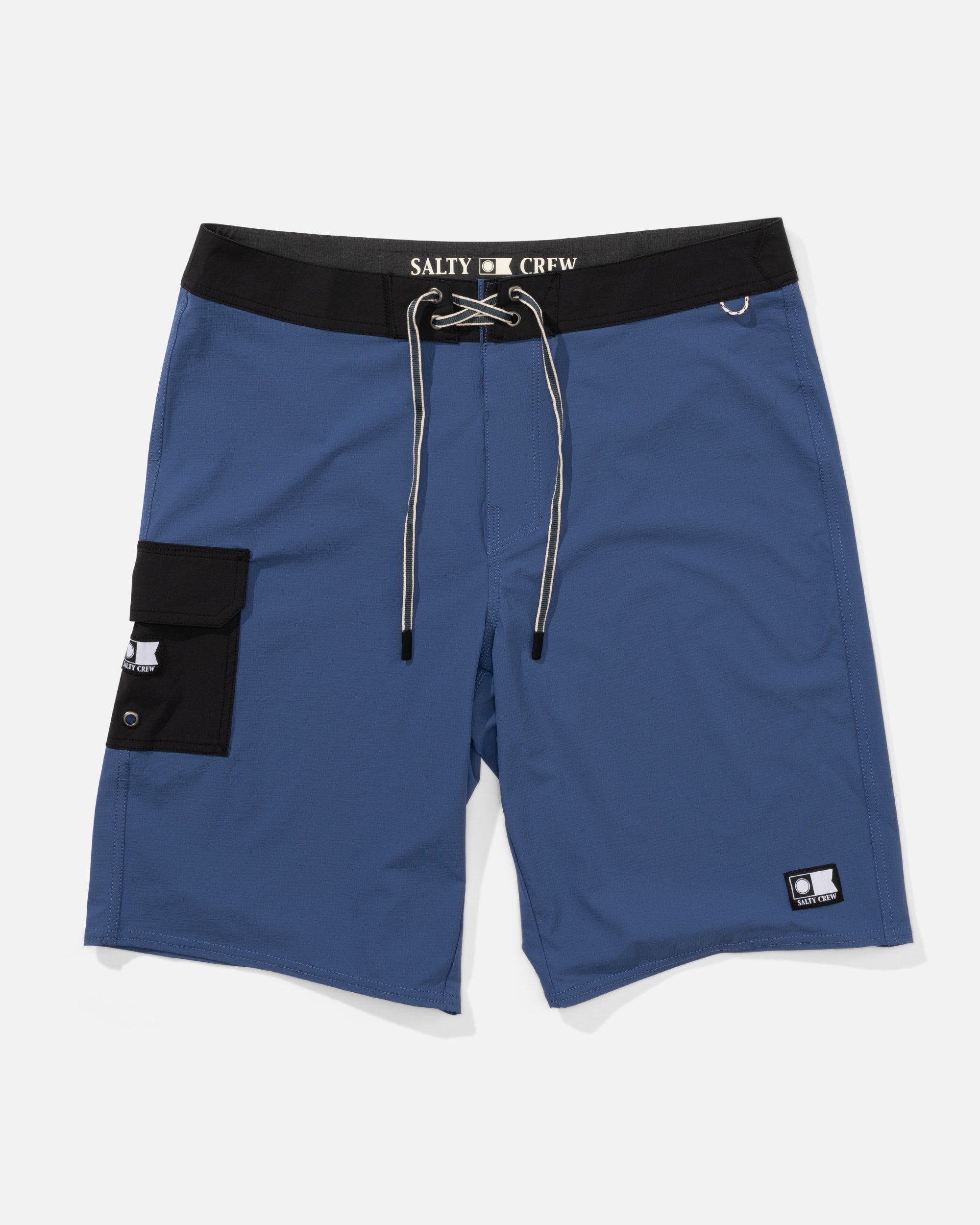 Crew 21 Boardshort True Boardshorts front view, Navy with black waistband, drawstring, and cargo pocket detail on thigh,