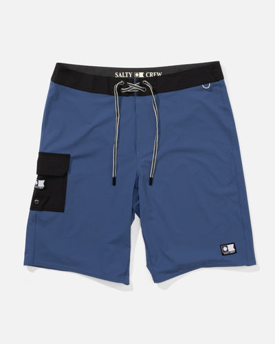 Crew 21 Boardshort True Boardshorts front view, Navy with black waistband, drawstring, and cargo pocket detail on thigh,