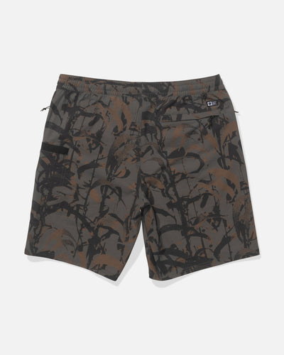Back of Crew Boatshort 18" Boardshorts Camo Boardshorts, Camo print with black and brown abstract shapes on gray base, small
