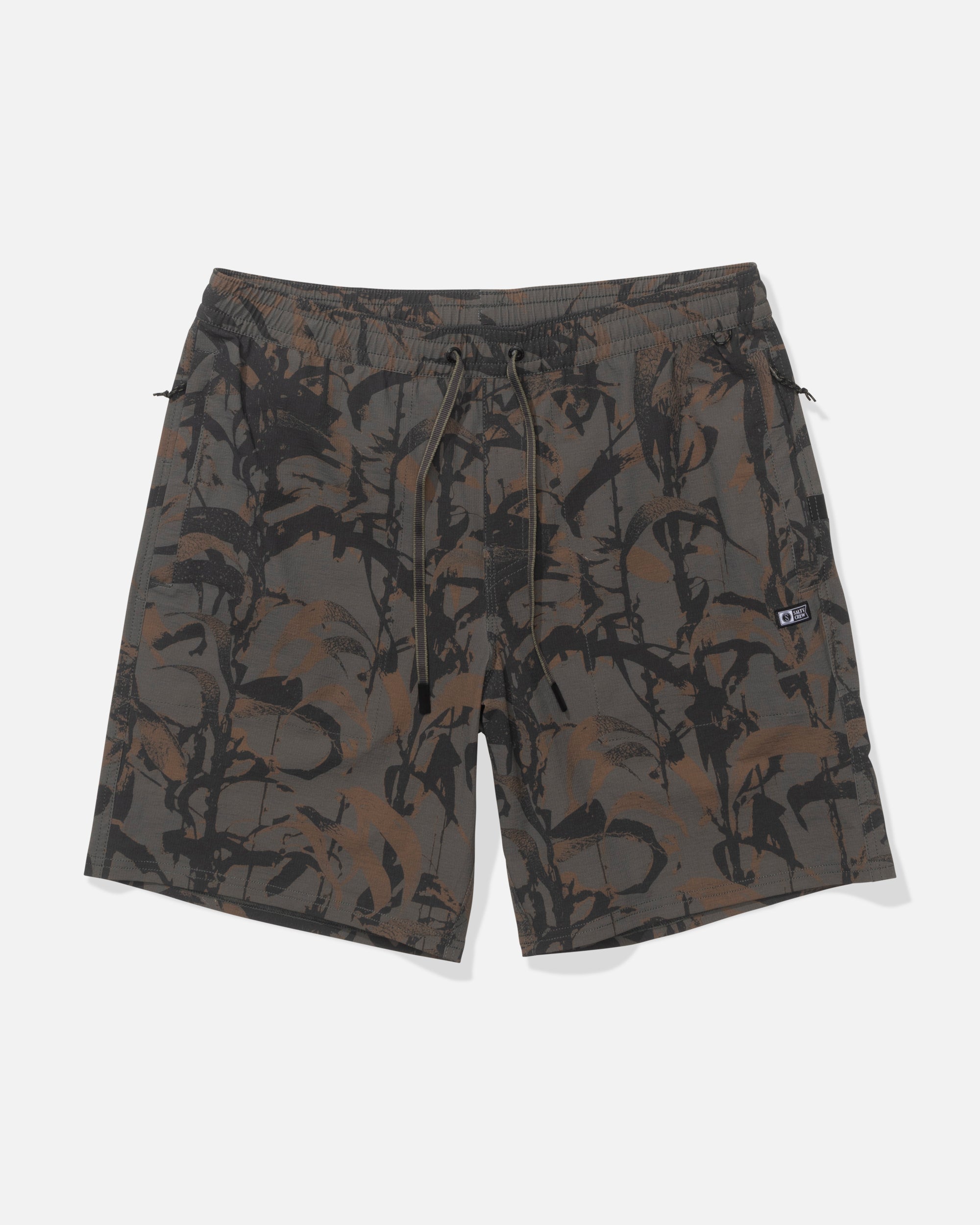Crew Boatshort 18" Boardshorts front view, Charcoal with black and brown abstract camo print throughout, Camo Boardshorts -