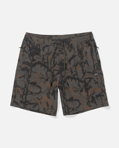 Crew Boatshort 18" Boardshorts front view, Charcoal with black and brown abstract camo print throughout, Camo Boardshorts -