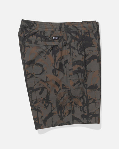 Close-up of Crew Boatshort 18" Boardshorts Camo Boardshorts showing Gray and brown camouflage print with black distressed