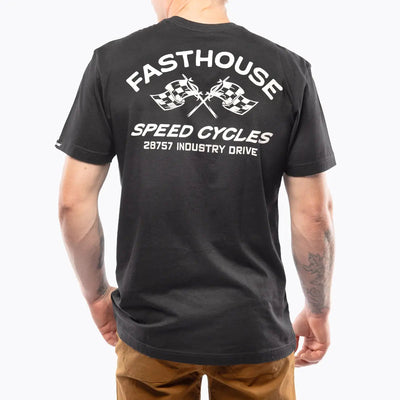 Person wearing Crown White Tee, Man wearing black tee in neutral studio setting against white background - Slowride Supply
