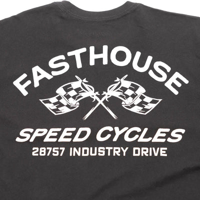 Close-up of Crown White Tee showing Charcoal gray with white back print featuring crossed checkered flags, "FASTHOUSE SPEED