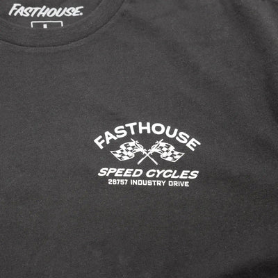 Close-up of Crown White Tee showing Charcoal with white text and crossed checkered flags graphic, address below flag detail