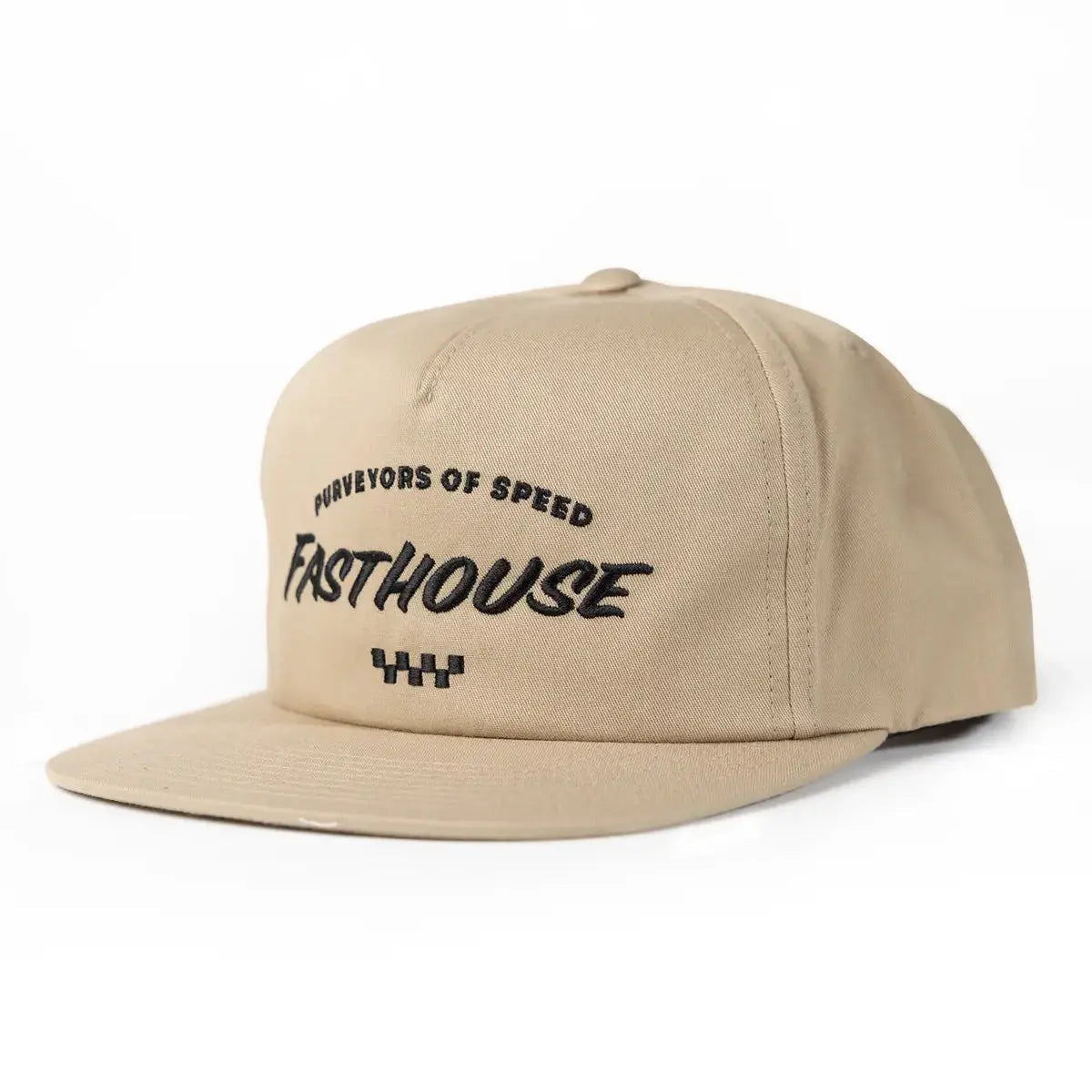 Cruisin Hat Apparel front view, Khaki with black embroidered text reading "Purveyors of Speed" and "Fasthouse" with hash