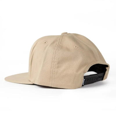 Close-up of Cruisin Hat Apparel Khaki Apparel showing Khaki cotton twill six-panel cap with black snapback closure and white