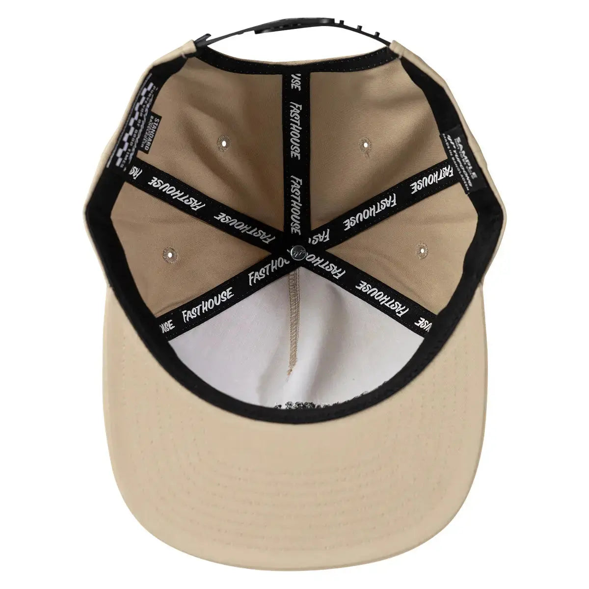 Close-up of Cruisin Hat Apparel Khaki Apparel showing Black snapback strap with repeated text branding and white stitching
