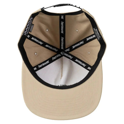 Close-up of Cruisin Hat Apparel Khaki Apparel showing Black snapback strap with repeated text branding and white stitching